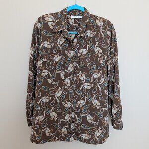VINTAGE Chaus paisley and pheasants brown and cream button front blouse 10 EUC